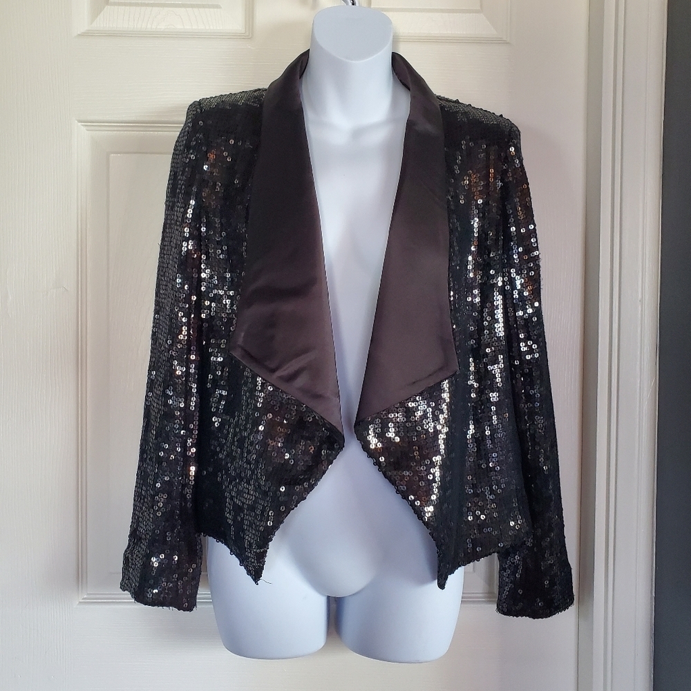 Alice + Olivia Black Warren Sequined Open Blazer Jacket Black Satin Collar Open - Picture 3 of 15